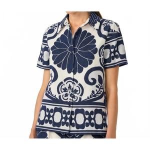 NEW TRINA TURK abba button-front top in sumi blue/whitewash